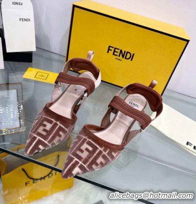 Luxury Fendi Colibrì Medium Heel Slingback Pumps 5.5cm in Velvet FF Mesh 215114 Brown