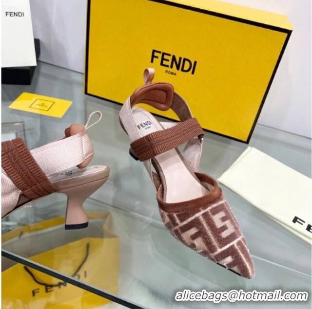 Luxury Fendi Colibrì Medium Heel Slingback Pumps 5.5cm in Velvet FF Mesh 215114 Brown