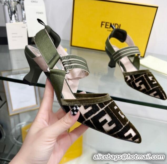 Elegant Fendi Colibrì Medium Heel Slingback Pumps 5.5cm in Velvet FF Mesh 215115 Green