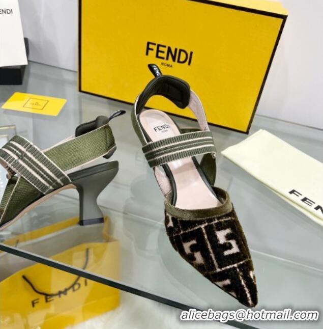 Elegant Fendi Colibrì Medium Heel Slingback Pumps 5.5cm in Velvet FF Mesh 215115 Green