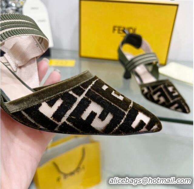 Elegant Fendi Colibrì Medium Heel Slingback Pumps 5.5cm in Velvet FF Mesh 215115 Green