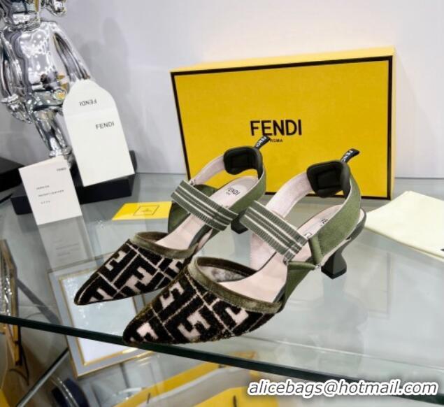 Elegant Fendi Colibrì Medium Heel Slingback Pumps 5.5cm in Velvet FF Mesh 215115 Green