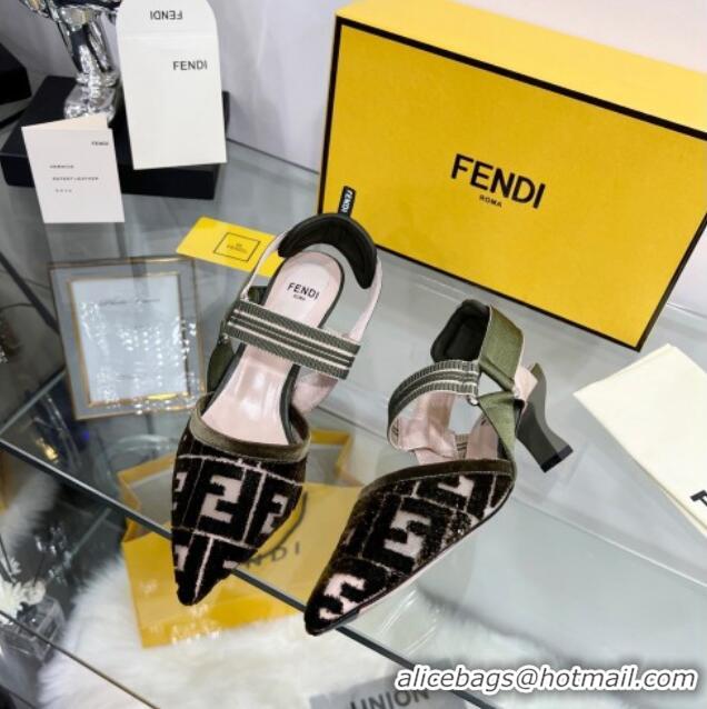 Elegant Fendi Colibrì Medium Heel Slingback Pumps 5.5cm in Velvet FF Mesh 215115 Green