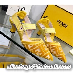 Luxury Fendi Colibrì Medium Heel Slingback Pumps 5.5cm in Velvet FF Mesh 215115 Yellow