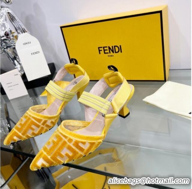 Luxury Fendi Colibrì Medium Heel Slingback Pumps 5.5cm in Velvet FF Mesh 215115 Yellow