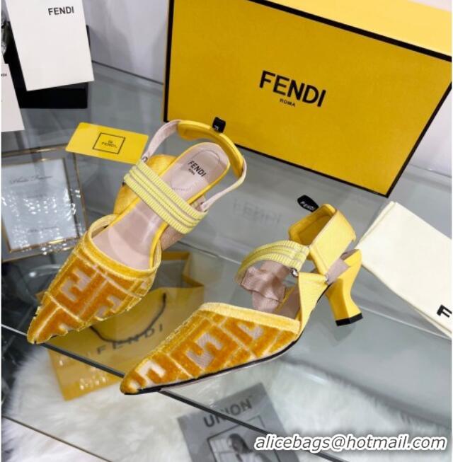 Luxury Fendi Colibrì Medium Heel Slingback Pumps 5.5cm in Velvet FF Mesh 215115 Yellow