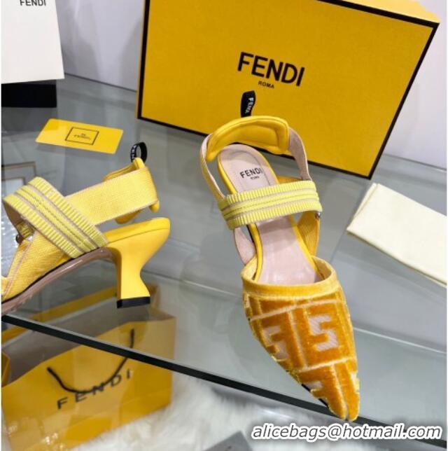 Luxury Fendi Colibrì Medium Heel Slingback Pumps 5.5cm in Velvet FF Mesh 215115 Yellow