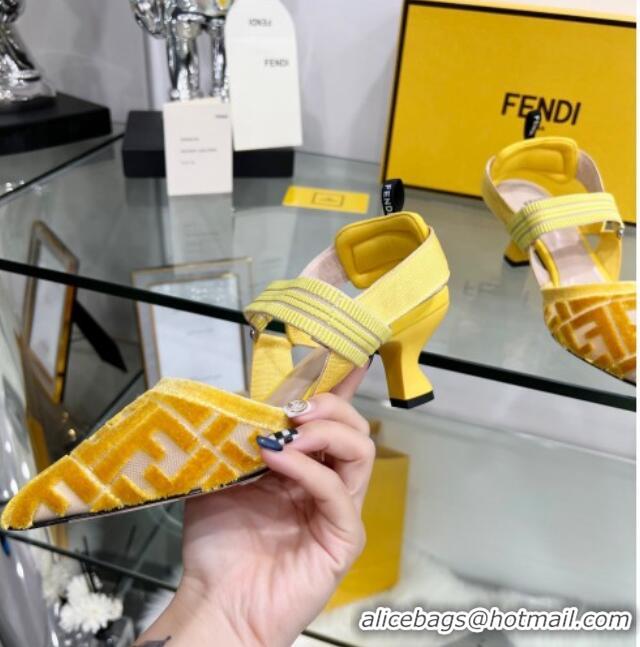 Luxury Fendi Colibrì Medium Heel Slingback Pumps 5.5cm in Velvet FF Mesh 215115 Yellow