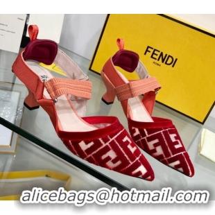 Charming Fendi Colibrì Medium Heel Slingback Pumps 5.5cm in Velvet FF Mesh 215115 Red