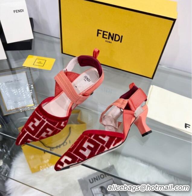 Charming Fendi Colibrì Medium Heel Slingback Pumps 5.5cm in Velvet FF Mesh 215115 Red