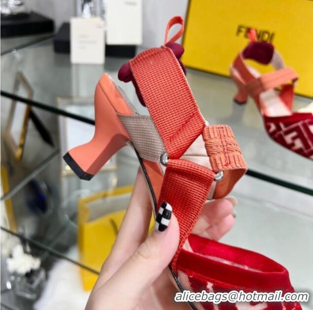 Charming Fendi Colibrì Medium Heel Slingback Pumps 5.5cm in Velvet FF Mesh 215115 Red