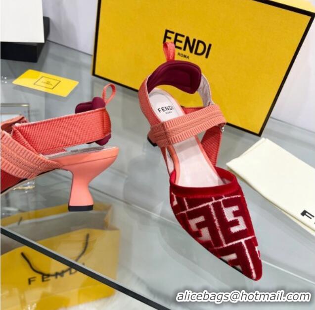 Charming Fendi Colibrì Medium Heel Slingback Pumps 5.5cm in Velvet FF Mesh 215115 Red