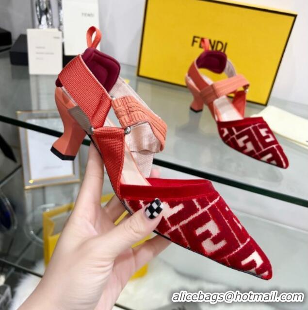 Charming Fendi Colibrì Medium Heel Slingback Pumps 5.5cm in Velvet FF Mesh 215115 Red