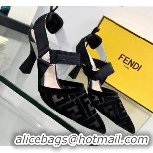 Good Quality Fendi Colibrì High Heel Slingback Pumps 8.5cm in Velvet FF Mesh 0215118 Black