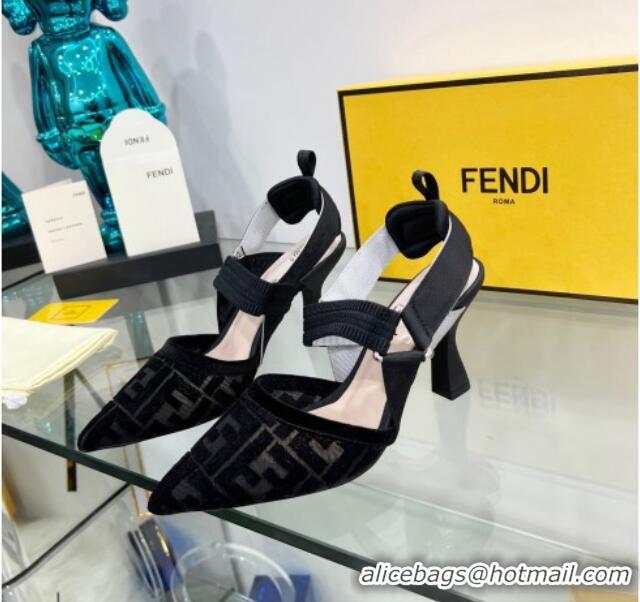 Good Quality Fendi Colibrì High Heel Slingback Pumps 8.5cm in Velvet FF Mesh 0215118 Black