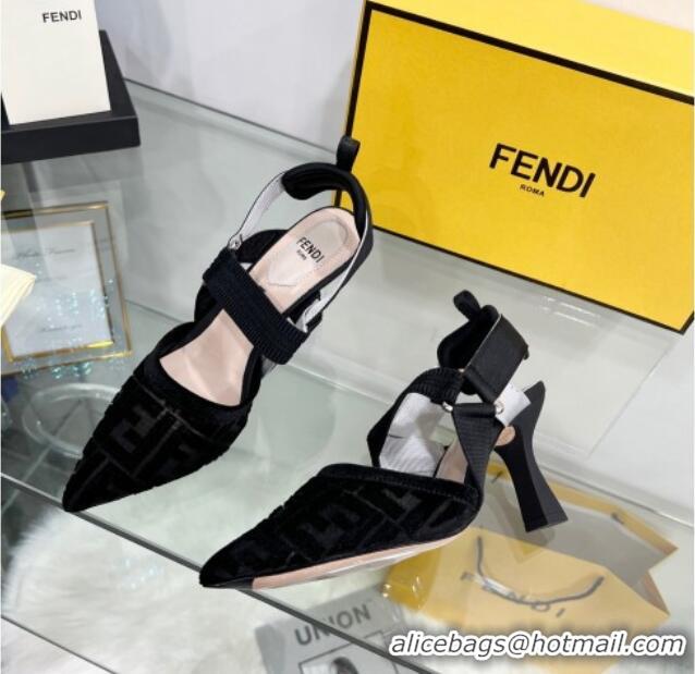 Good Quality Fendi Colibrì High Heel Slingback Pumps 8.5cm in Velvet FF Mesh 0215118 Black