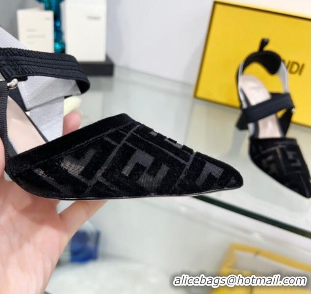 Good Quality Fendi Colibrì High Heel Slingback Pumps 8.5cm in Velvet FF Mesh 0215118 Black