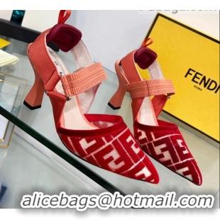 Trendy Design Fendi Colibrì High Heel Slingback Pumps 8.5cm in Velvet FF Mesh 0215119 Red