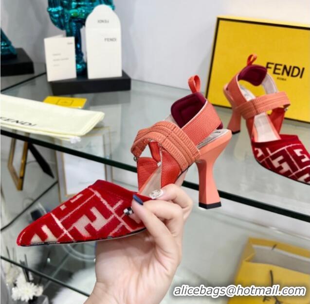 Trendy Design Fendi Colibrì High Heel Slingback Pumps 8.5cm in Velvet FF Mesh 0215119 Red