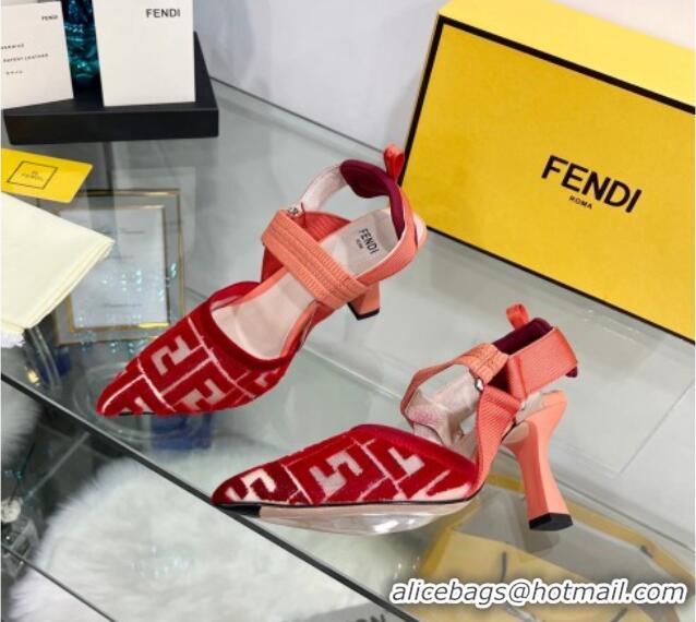 Trendy Design Fendi Colibrì High Heel Slingback Pumps 8.5cm in Velvet FF Mesh 0215119 Red