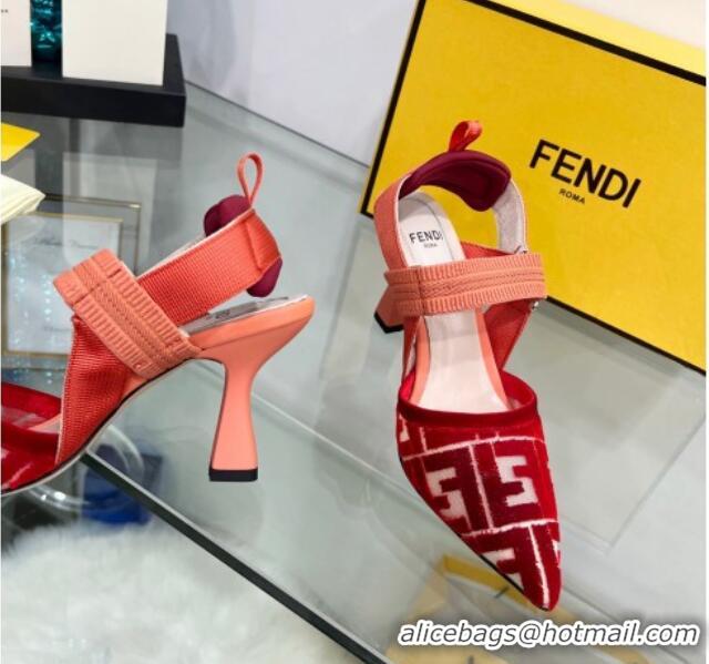 Trendy Design Fendi Colibrì High Heel Slingback Pumps 8.5cm in Velvet FF Mesh 0215119 Red