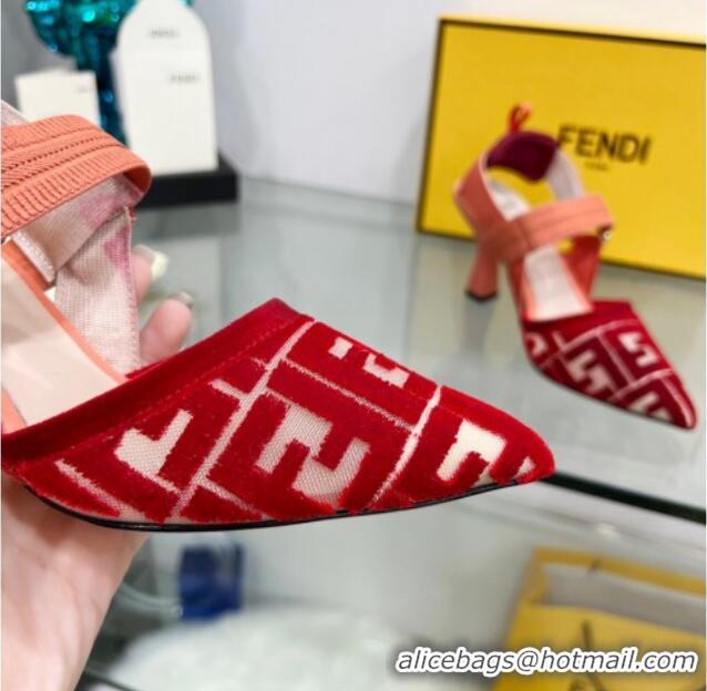 Trendy Design Fendi Colibrì High Heel Slingback Pumps 8.5cm in Velvet FF Mesh 0215119 Red