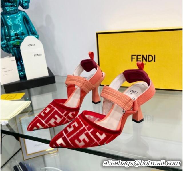 Trendy Design Fendi Colibrì High Heel Slingback Pumps 8.5cm in Velvet FF Mesh 0215119 Red