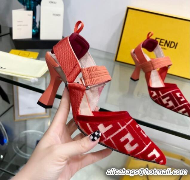 Trendy Design Fendi Colibrì High Heel Slingback Pumps 8.5cm in Velvet FF Mesh 0215119 Red