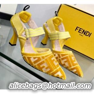 Sumptuous Fendi Colibrì High Heel Slingback Pumps 8.5cm in Velvet FF Mesh 0215119 Yellow