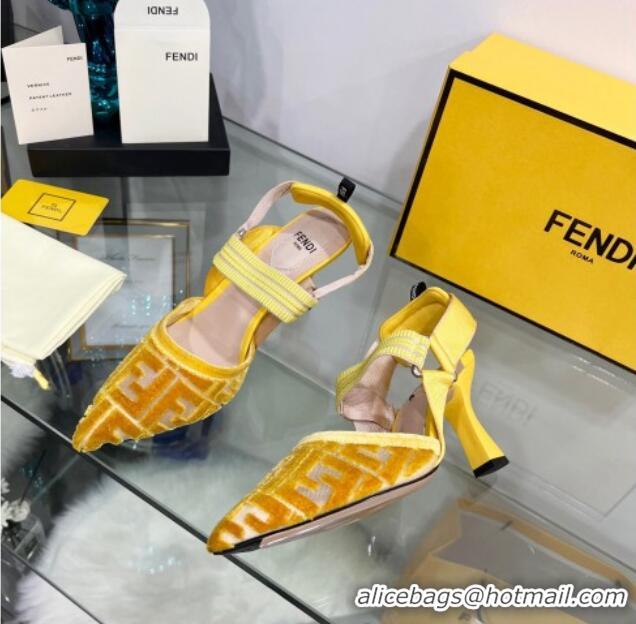 Sumptuous Fendi Colibrì High Heel Slingback Pumps 8.5cm in Velvet FF Mesh 0215119 Yellow