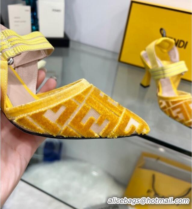 Sumptuous Fendi Colibrì High Heel Slingback Pumps 8.5cm in Velvet FF Mesh 0215119 Yellow