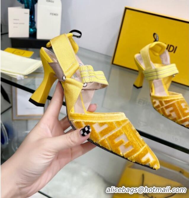 Sumptuous Fendi Colibrì High Heel Slingback Pumps 8.5cm in Velvet FF Mesh 0215119 Yellow