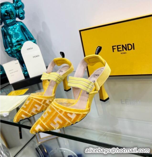 Sumptuous Fendi Colibrì High Heel Slingback Pumps 8.5cm in Velvet FF Mesh 0215119 Yellow