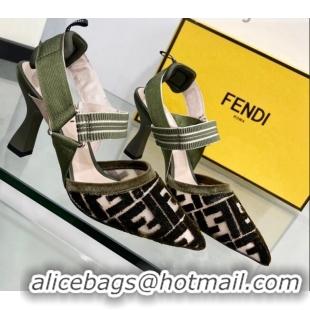 Best Price Fendi Colibrì High Heel Slingback Pumps 8.5cm in Velvet FF Mesh 0215119 Green