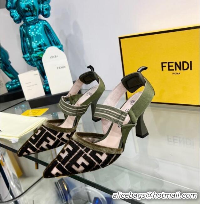 Best Price Fendi Colibrì High Heel Slingback Pumps 8.5cm in Velvet FF Mesh 0215119 Green