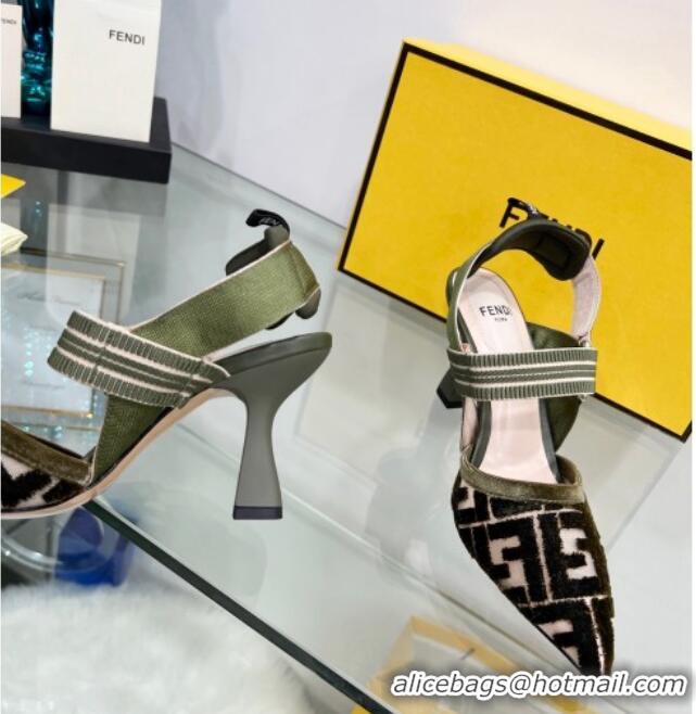 Best Price Fendi Colibrì High Heel Slingback Pumps 8.5cm in Velvet FF Mesh 0215119 Green