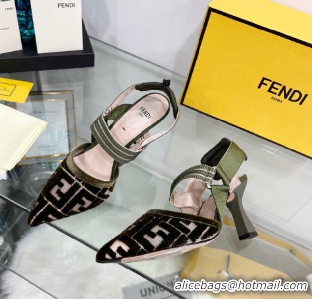 Best Price Fendi Colibrì High Heel Slingback Pumps 8.5cm in Velvet FF Mesh 0215119 Green