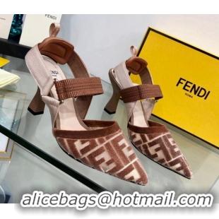 Low Cost Fendi Colibrì High Heel Slingback Pumps 8.5cm in Velvet FF Mesh 0215119 Brown