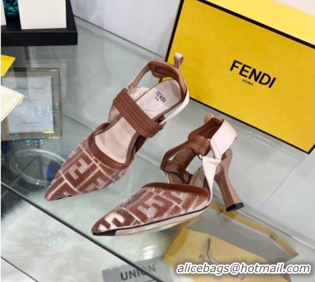 Low Cost Fendi Colibrì High Heel Slingback Pumps 8.5cm in Velvet FF Mesh 0215119 Brown