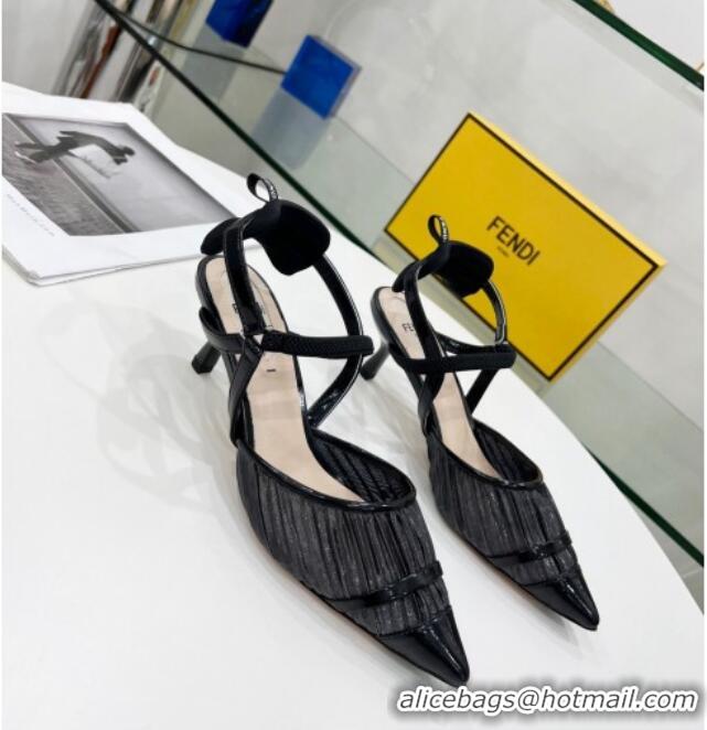 Top Quality Fendi Colibrì Pleated High Heel Slingback Pumps 5.5cm 215127 Black