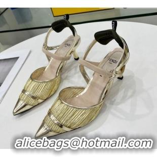 Luxury Cheap Fendi Colibrì Pleated High Heel Slingback Pumps 5.5cm 215127 Champagne Gold