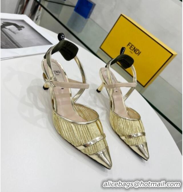 Luxury Cheap Fendi Colibrì Pleated High Heel Slingback Pumps 5.5cm 215127 Champagne Gold