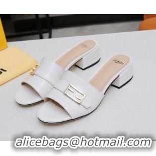 Luxury Fendi Stone Embossed Leather Slide Sandals 4cm 022171 White