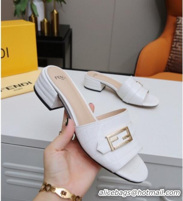 Luxury Fendi Stone Embossed Leather Slide Sandals 4cm 022171 White