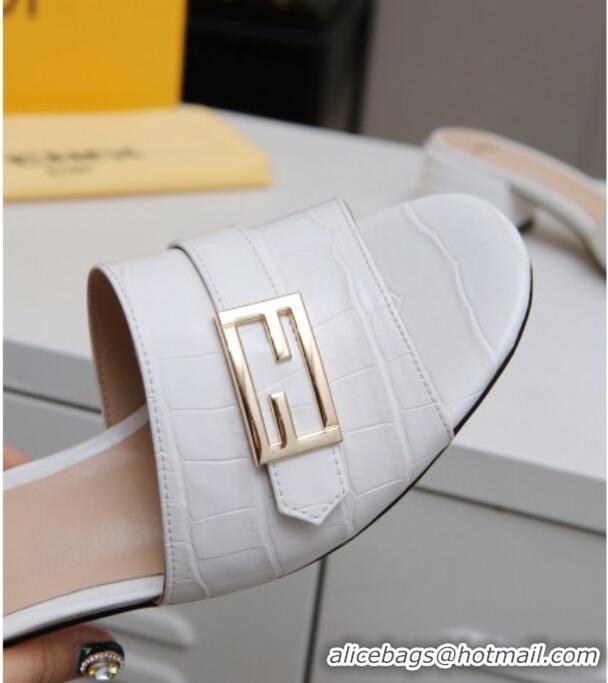 Luxury Fendi Stone Embossed Leather Slide Sandals 4cm 022171 White