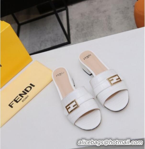 Luxury Fendi Stone Embossed Leather Slide Sandals 4cm 022171 White