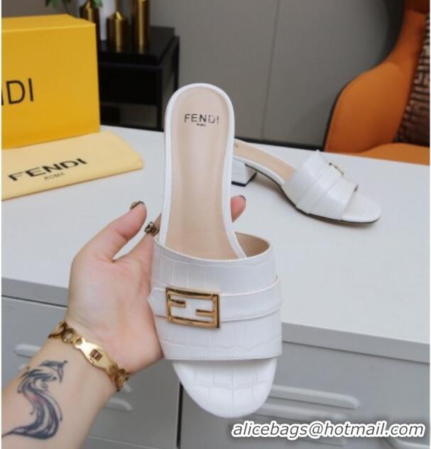 Luxury Fendi Stone Embossed Leather Slide Sandals 4cm 022171 White