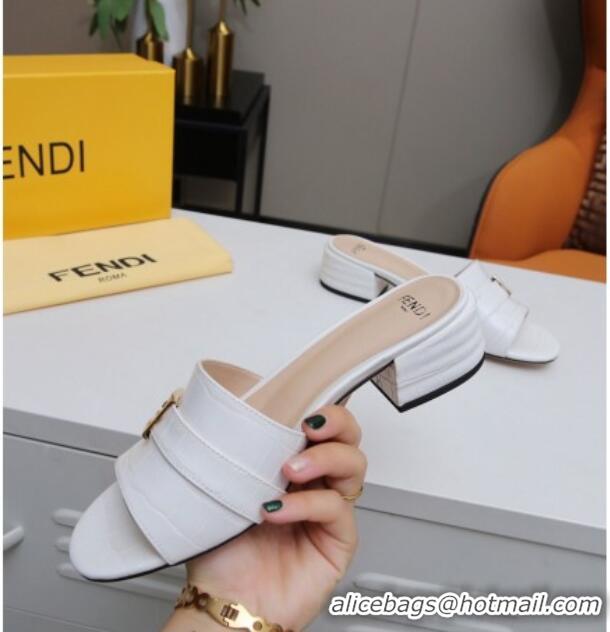 Luxury Fendi Stone Embossed Leather Slide Sandals 4cm 022171 White