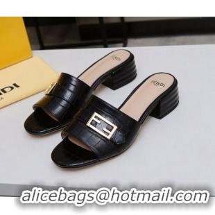 Super Quality Fendi Stone Embossed Leather Slide Sandals 4cm 022171 Black