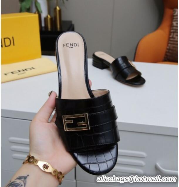 Super Quality Fendi Stone Embossed Leather Slide Sandals 4cm 022171 Black